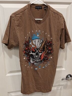 Affliction Brown Graphic Skull Tee with Red Rose Accents